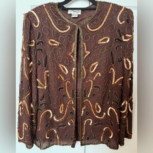 VTG JMD Size L 100% Silk Beaded Sequin Seed Bead Brown Jacket Sequins